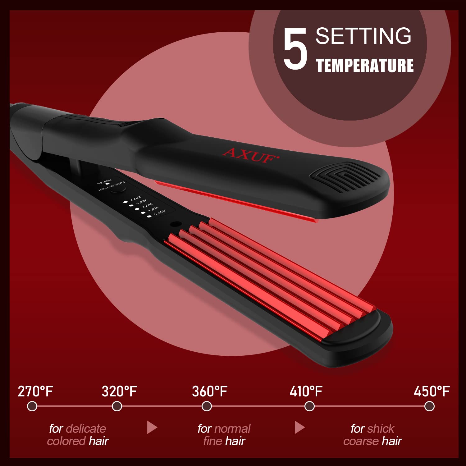 Side profile of the AXUF dual voltage styling iron highlighting the ergonomic handle grip