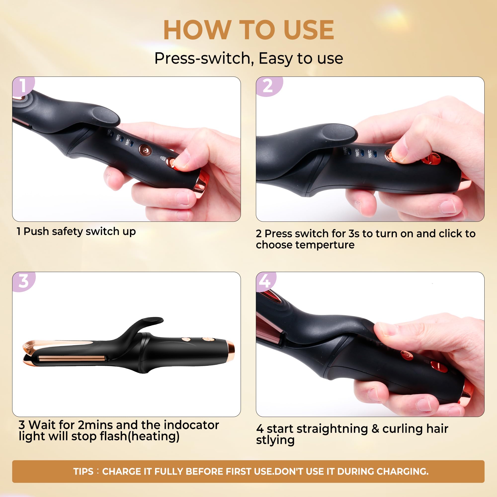 Yitrust portable wave curling iron with USB charging cable attached.