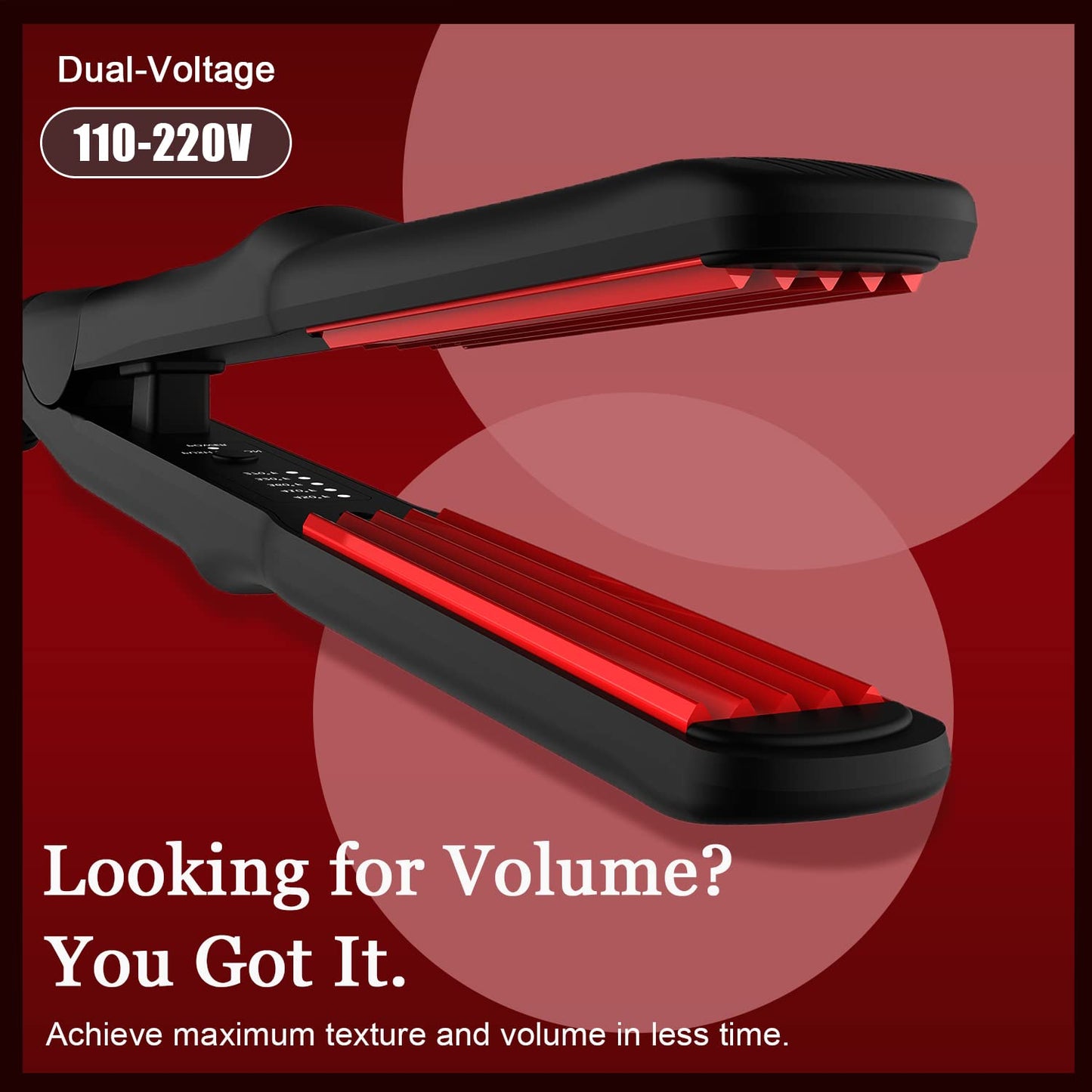 Angled view of the red and black professional hair texturizing iron plates
