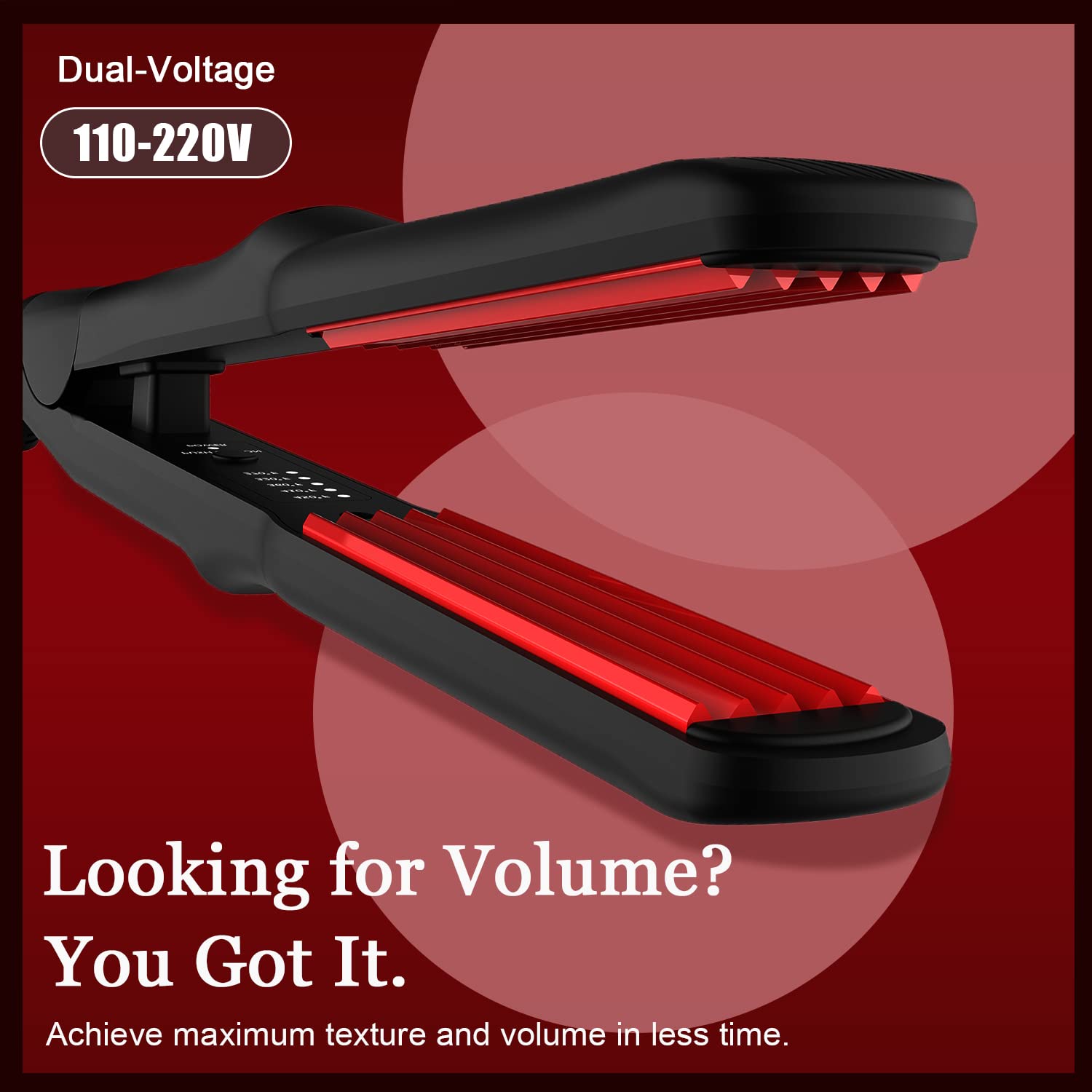 Angled view of the red and black professional hair texturizing iron plates
