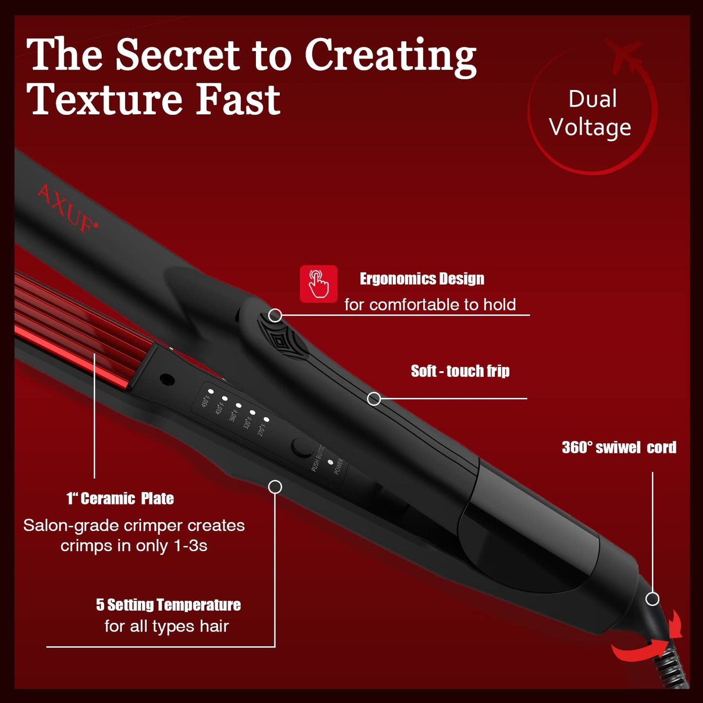 Complete product packaging view for the authentic imported AXUF ceramic hair iron