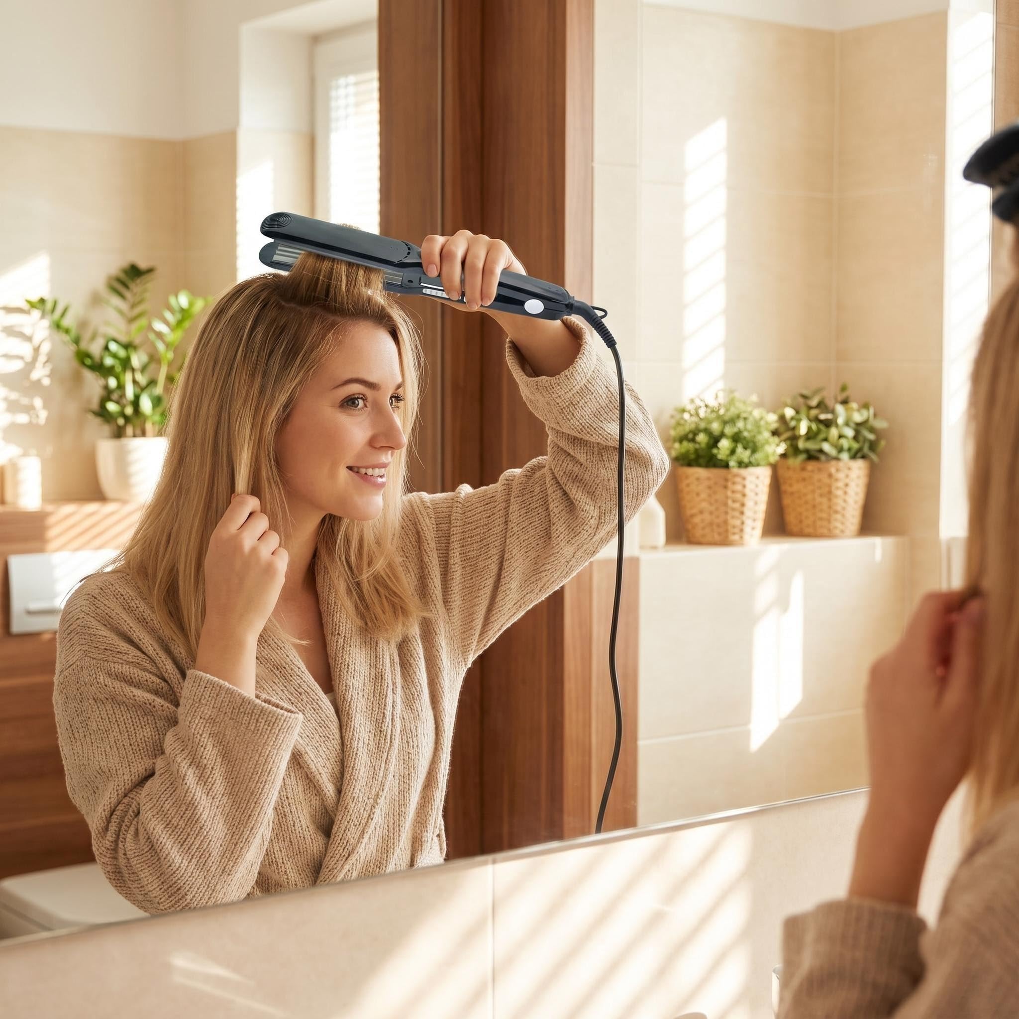 Side view of the YONAIL corrugated curling and straightening iron showing the premium insulated safety tip.