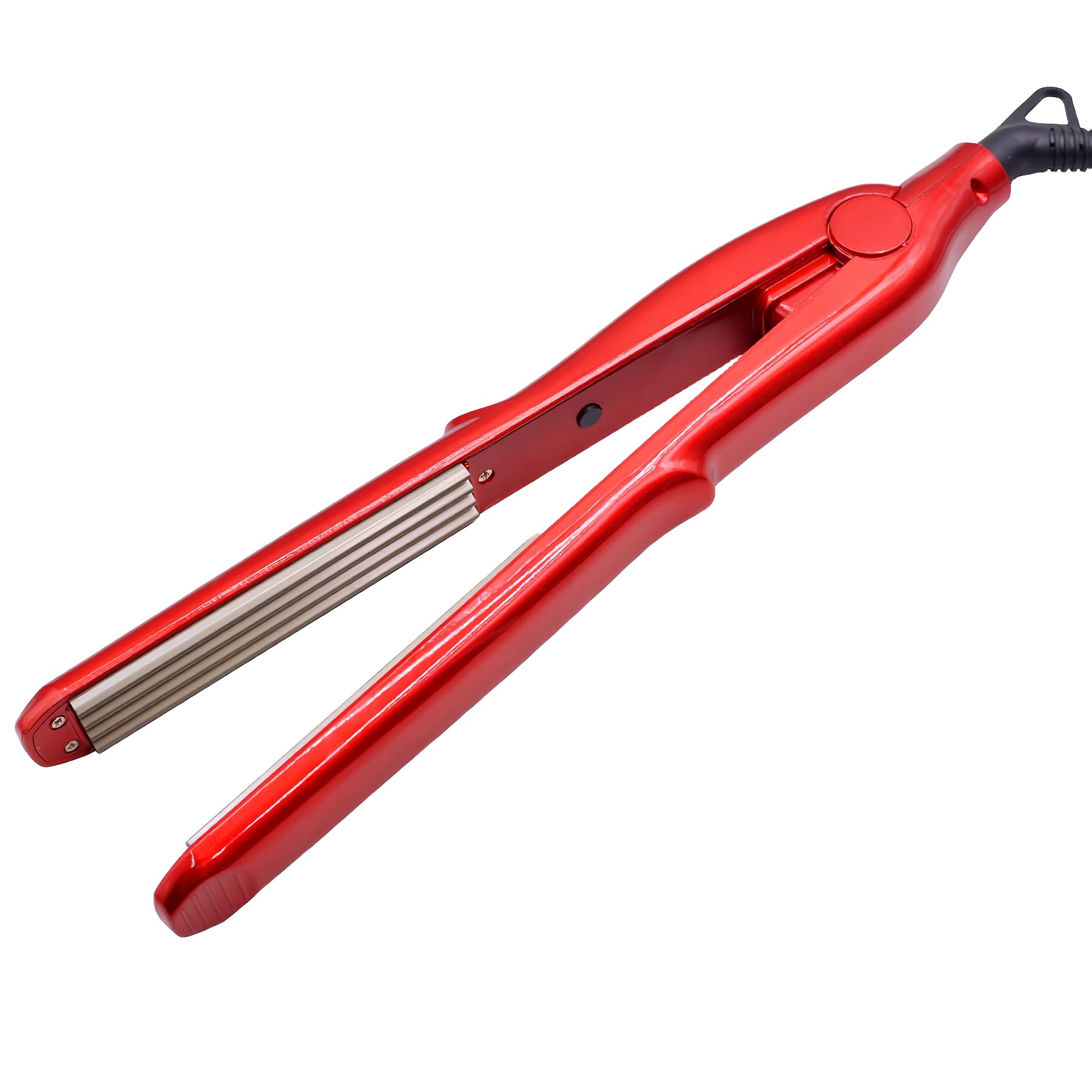 Close up view of the corrugated ceramic plates on the red YOMCI styling iron.