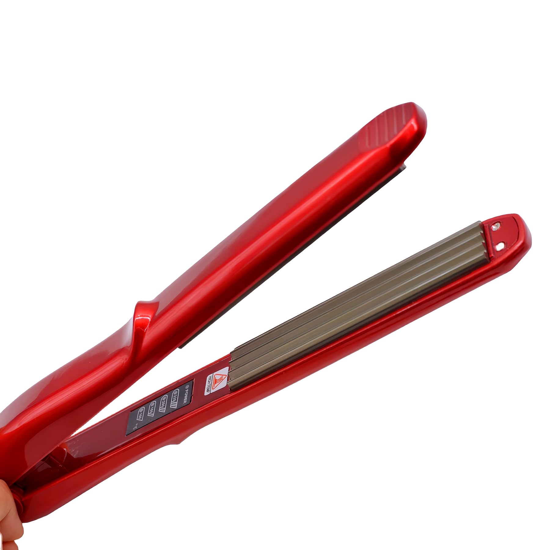 Full profile of the red USA imported YOMCI small wave curling iron for women.