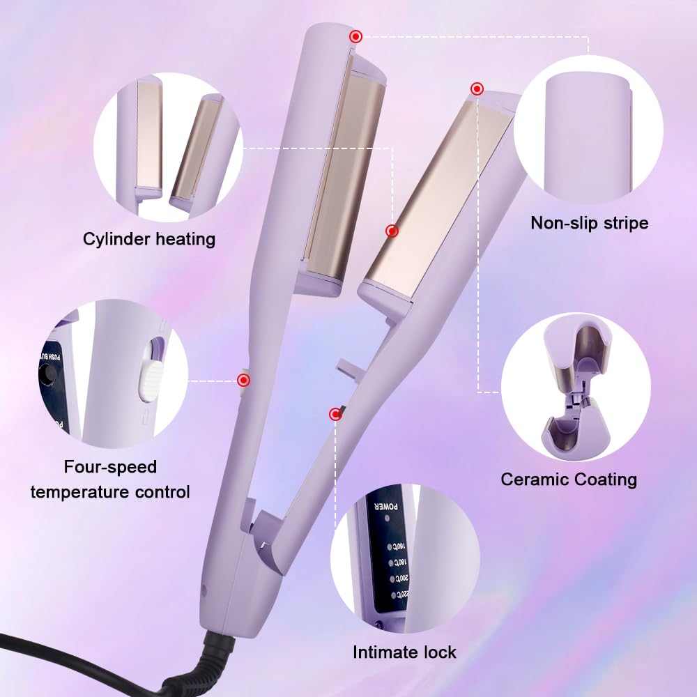Bouncy V shaped French egg roll curling wand being used to style glossy beach waves.