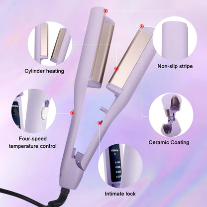 Bouncy V shaped French egg roll curling wand being used to style glossy beach waves.
