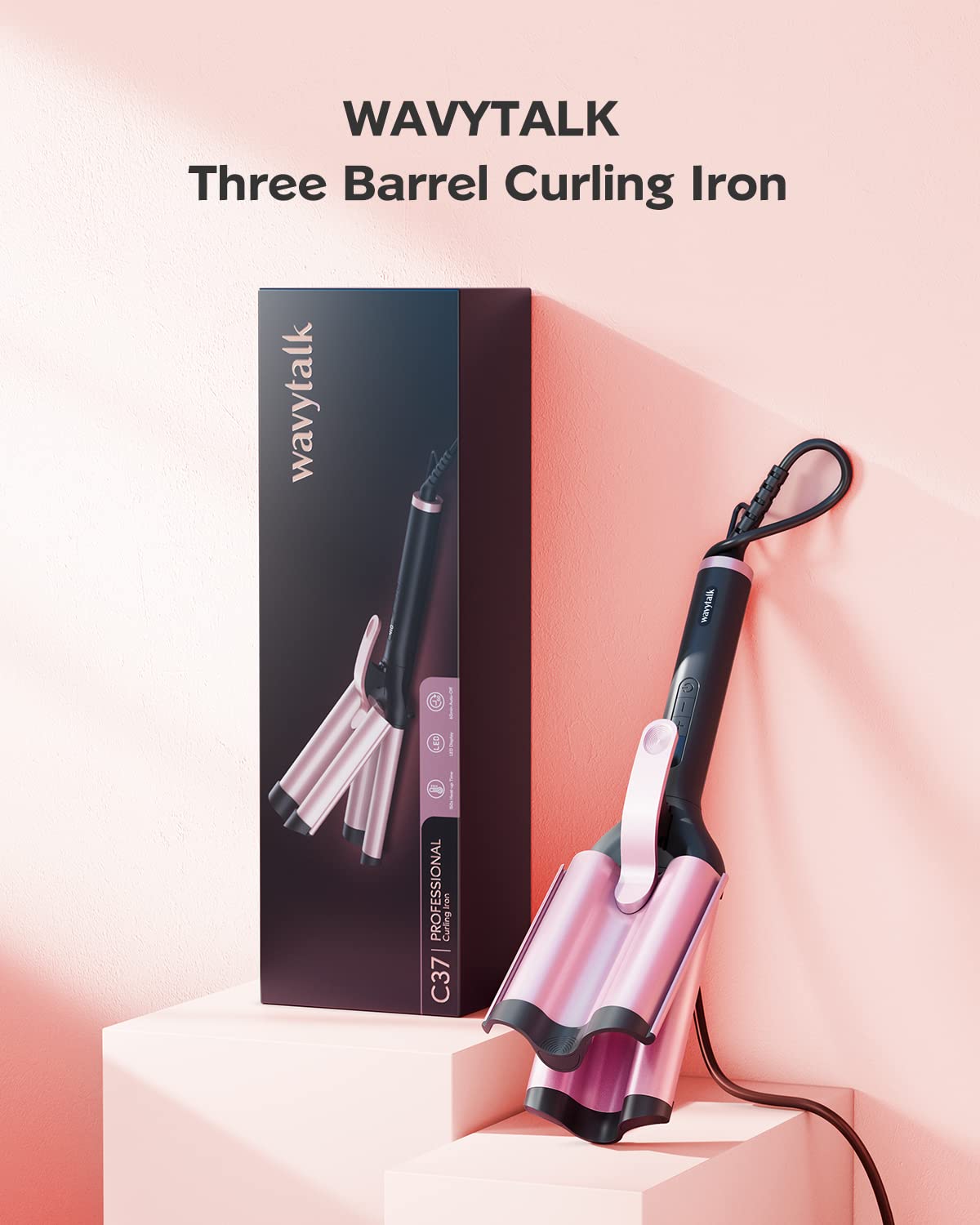Wavytalk rose gold hair crimping iron showcasing the travel friendly dual voltage plug