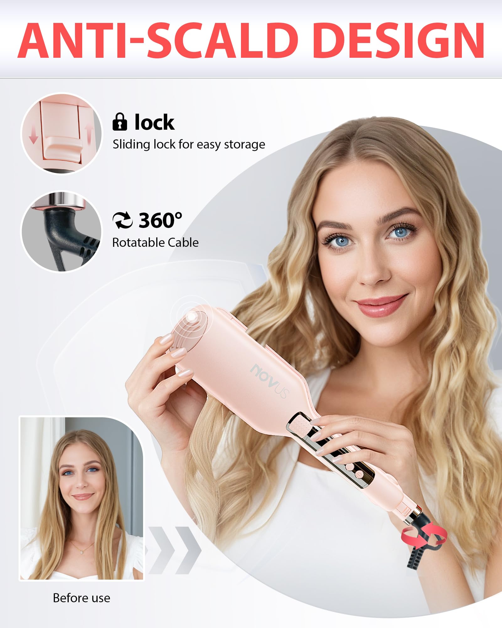 NOVUS Ceramic Wave Curler side view highlighting the adjustable heat control buttons and display