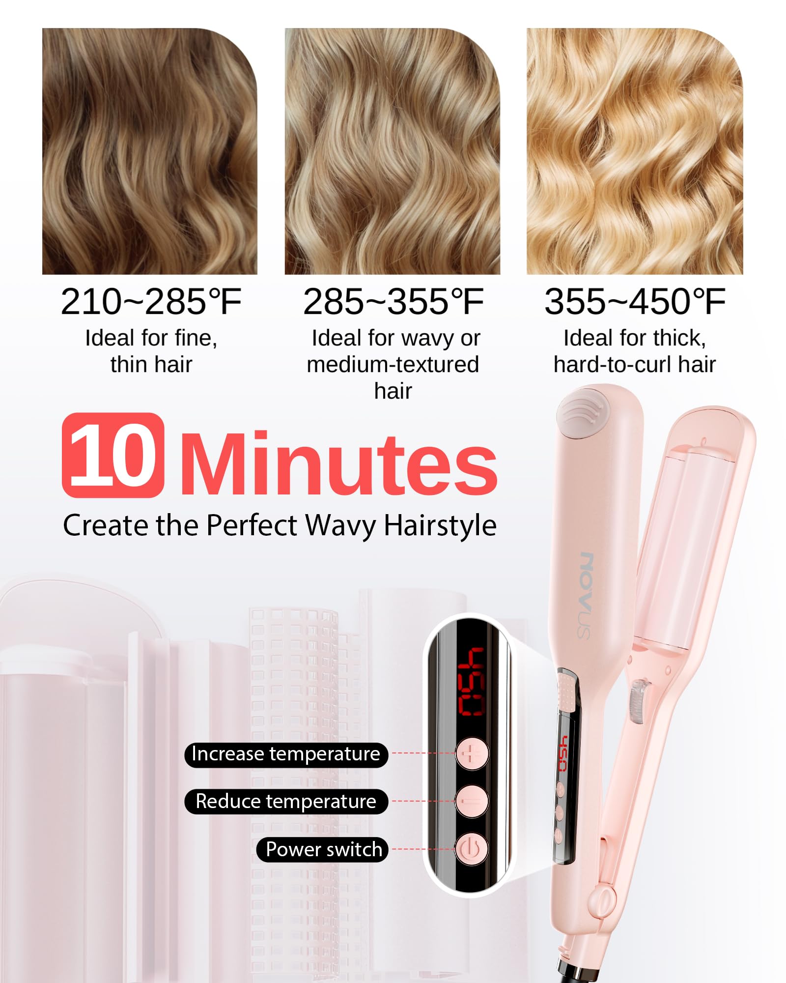 NOVUS Pink 1.1 Inch Waver showcasing the full-body anti-scald wrap design safety feature