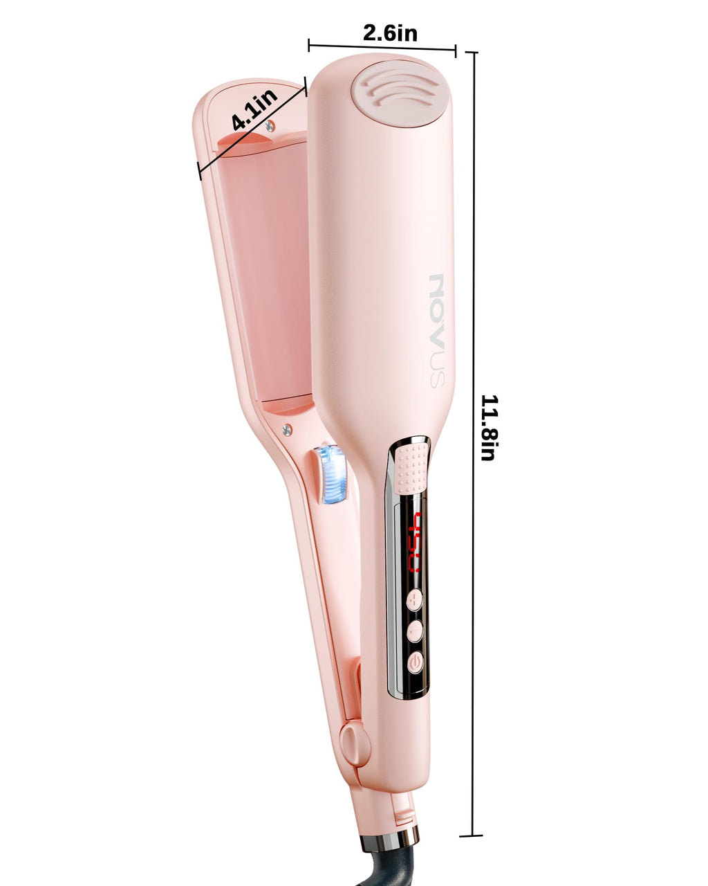 NOVUS Ionic Deep Waver packaging box contents featuring the pink two barrel curling iron