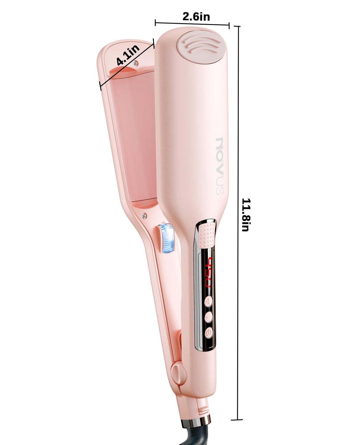 NOVUS Ionic Deep Waver packaging box contents featuring the pink two barrel curling iron