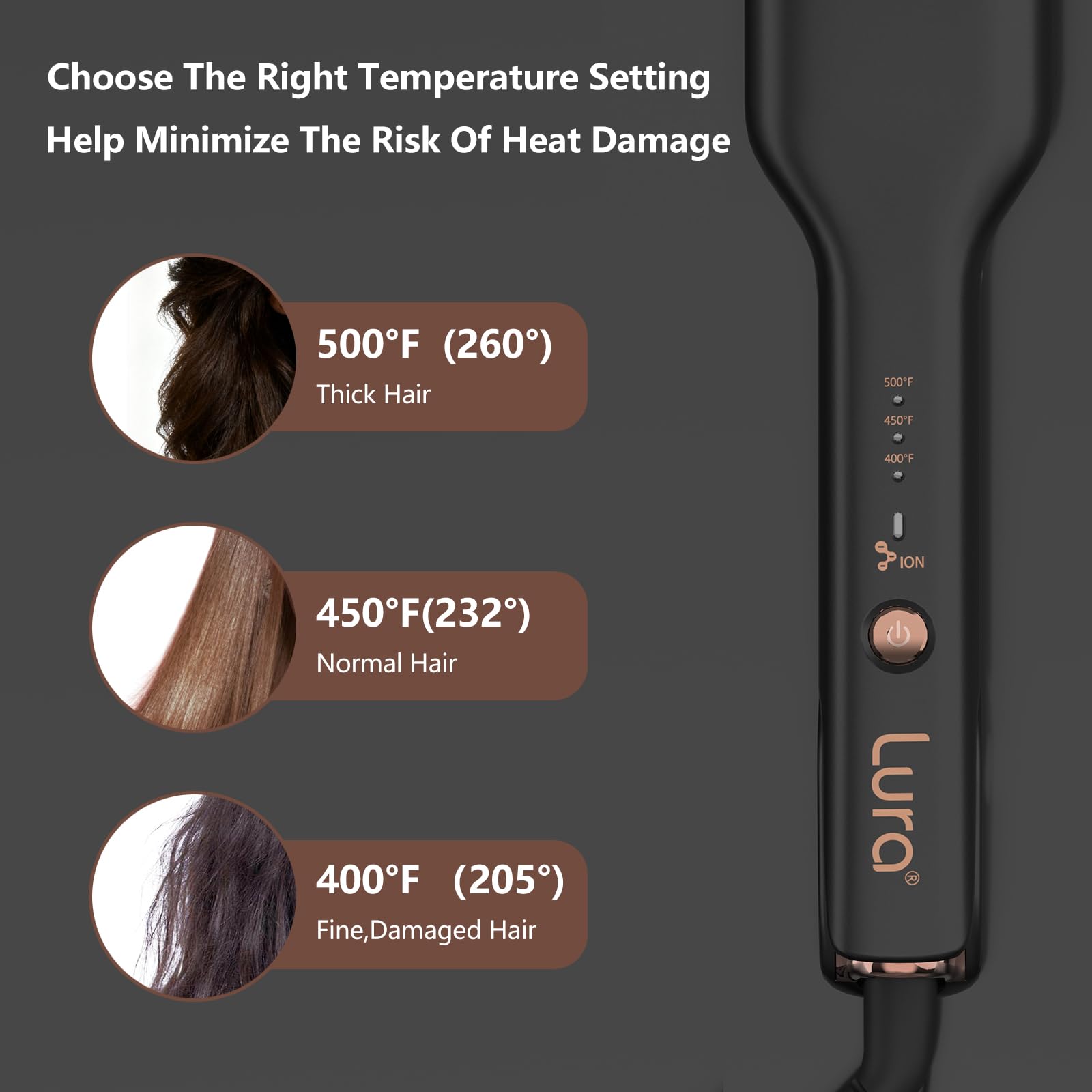 LURA ionic hair crimper shown with its corded electric power base for professional use.