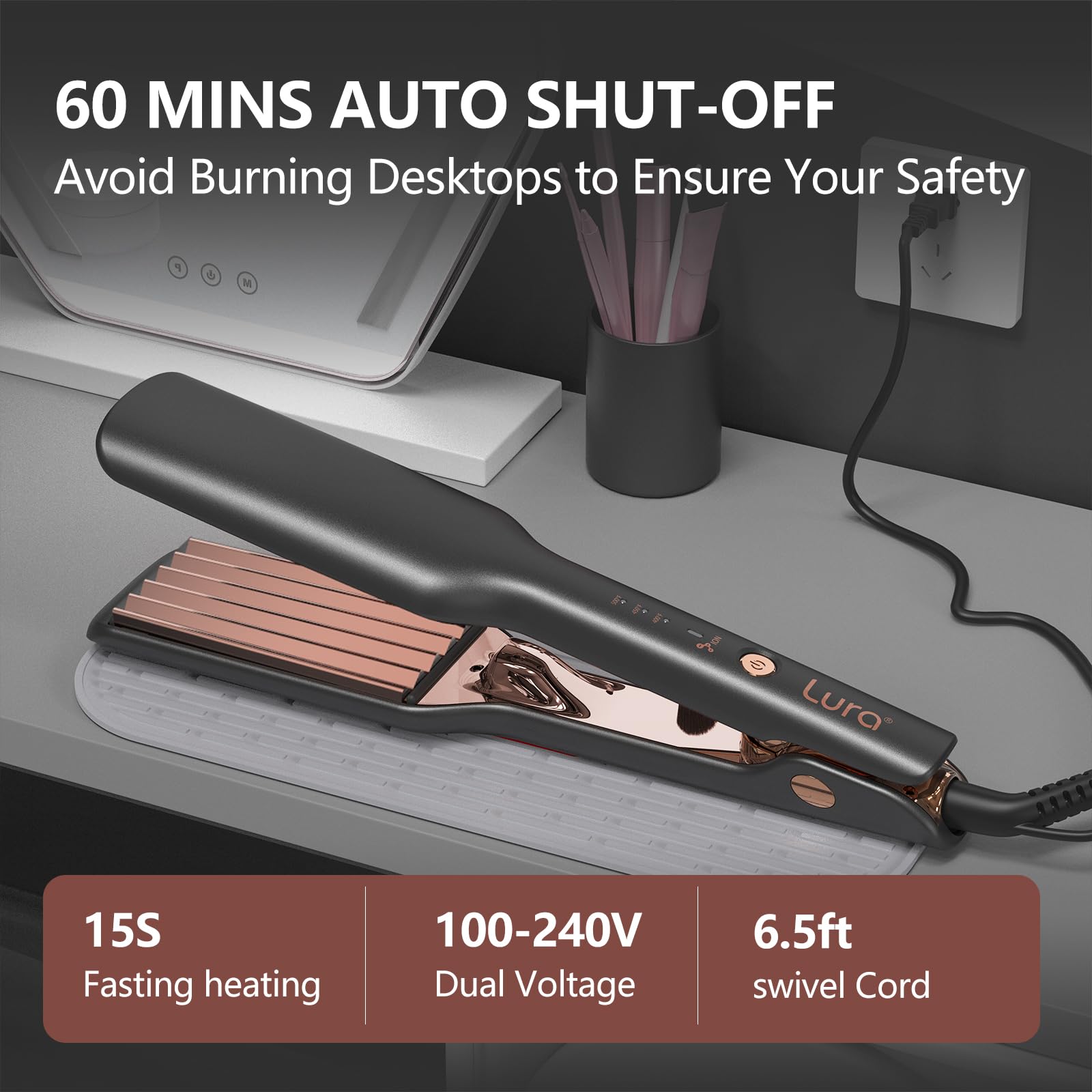 Side profile of the LURA two inch hair volumizing iron showing the compact hinge mechanism.