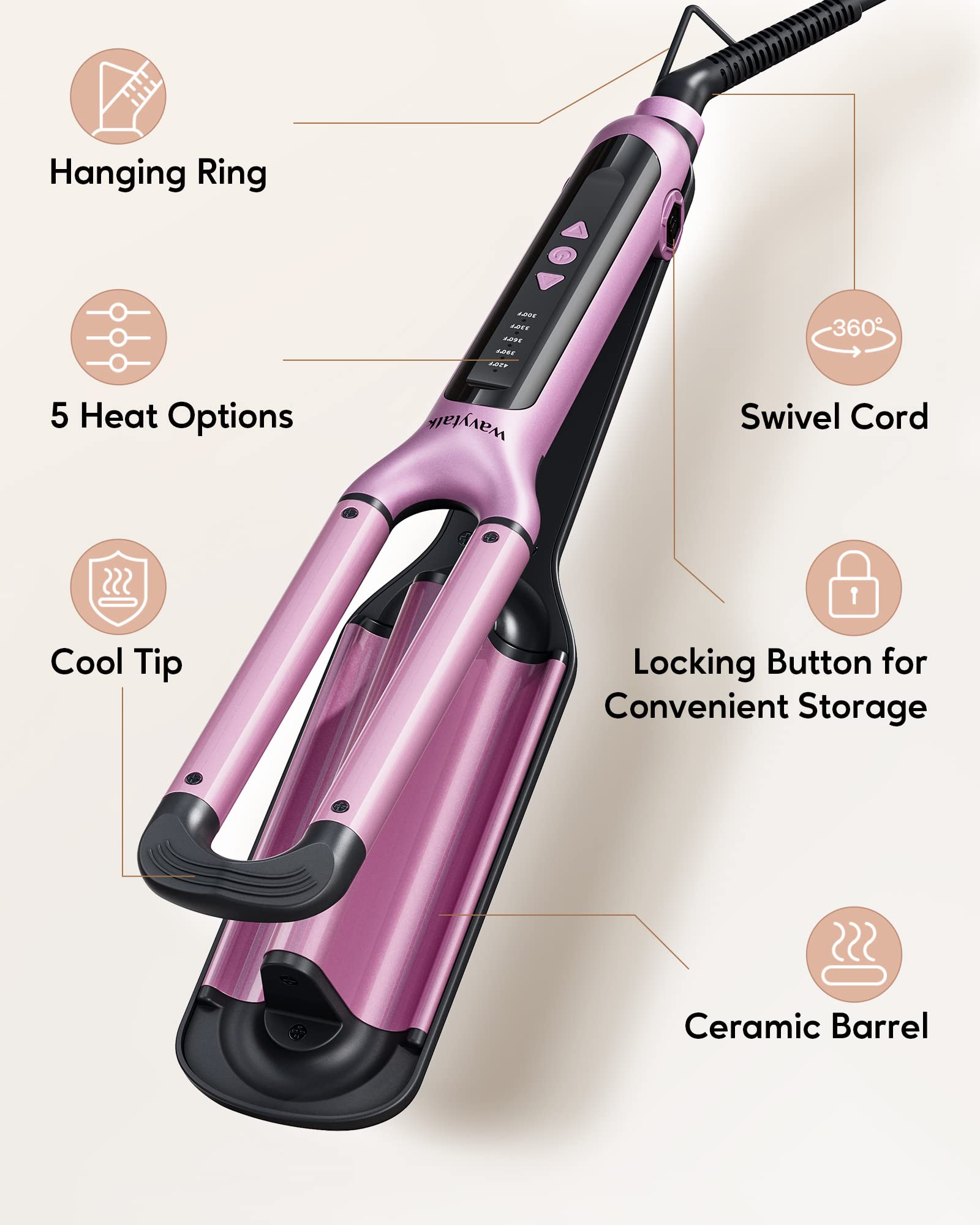 Wavytalk triple barrel iron showcasing the ergonomic heat resistant handle