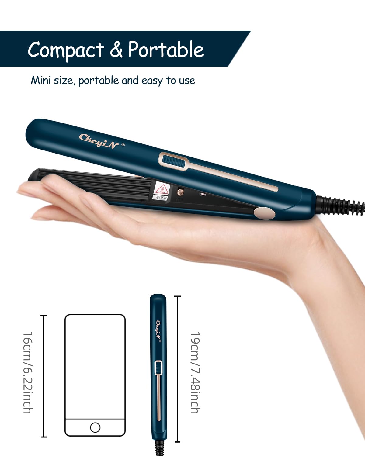 Compact hair crimping tool by CkeyiN alongside its power cord on a solid background.