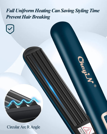 Portable emerald green hair crimping iron shown from a top-down angle.