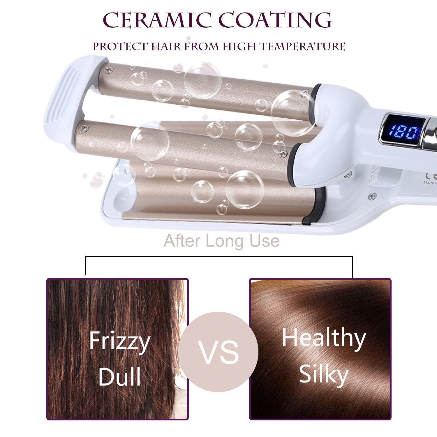 Champagne colored ceramic hair crimper featuring the insulated safety cool tip