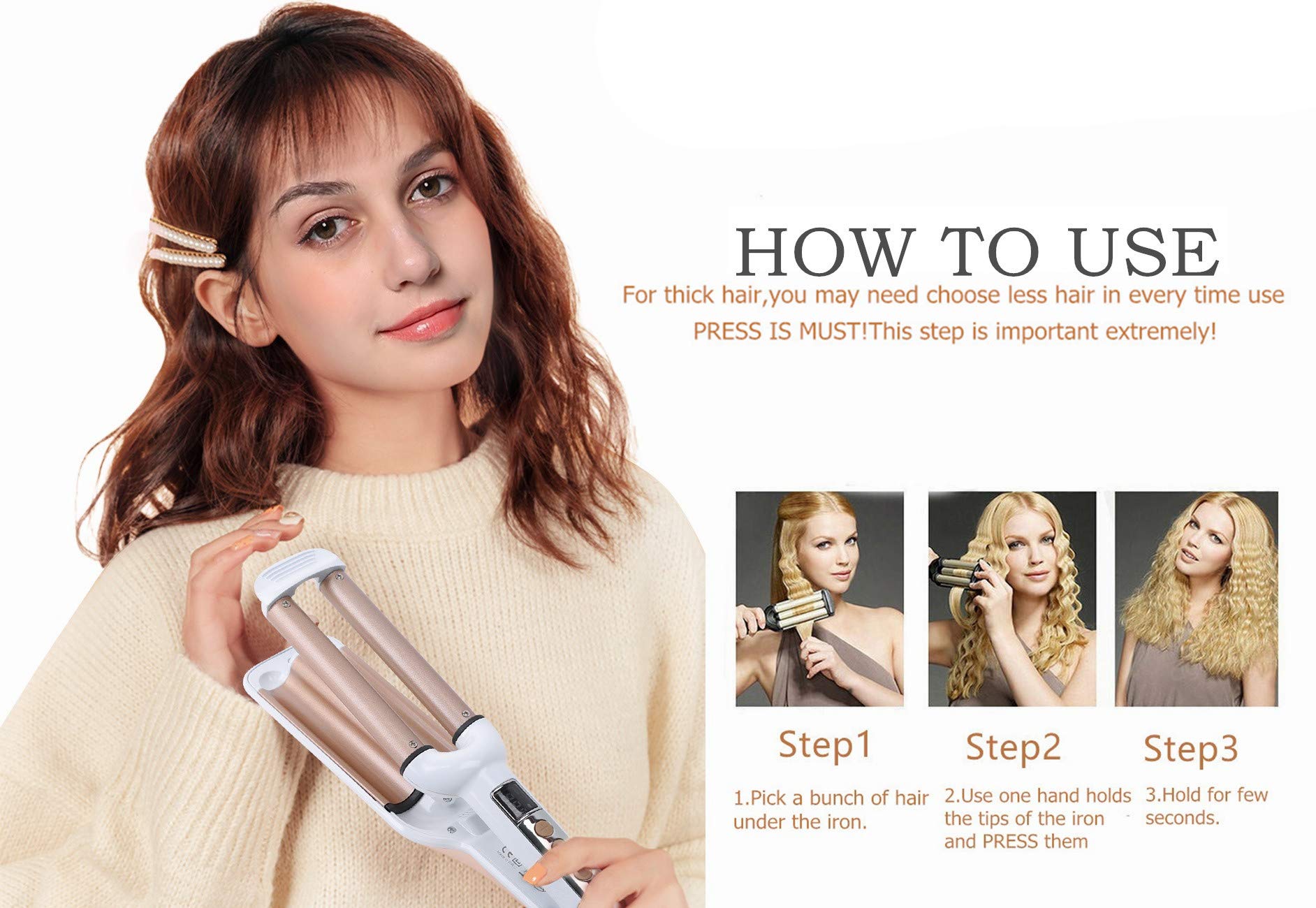 Side angle view of the three barrel wave styling iron handle and cord attachment