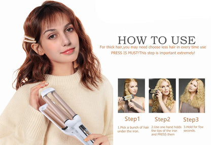Side angle view of the three barrel wave styling iron handle and cord attachment
