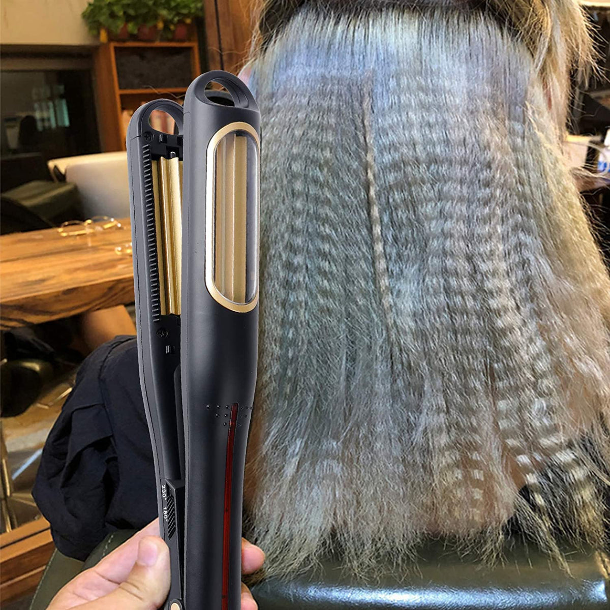 NC Hann Auto Hair Crimper lifestyle image illustrating the dramatic transformation from flat hair to volumized waves.