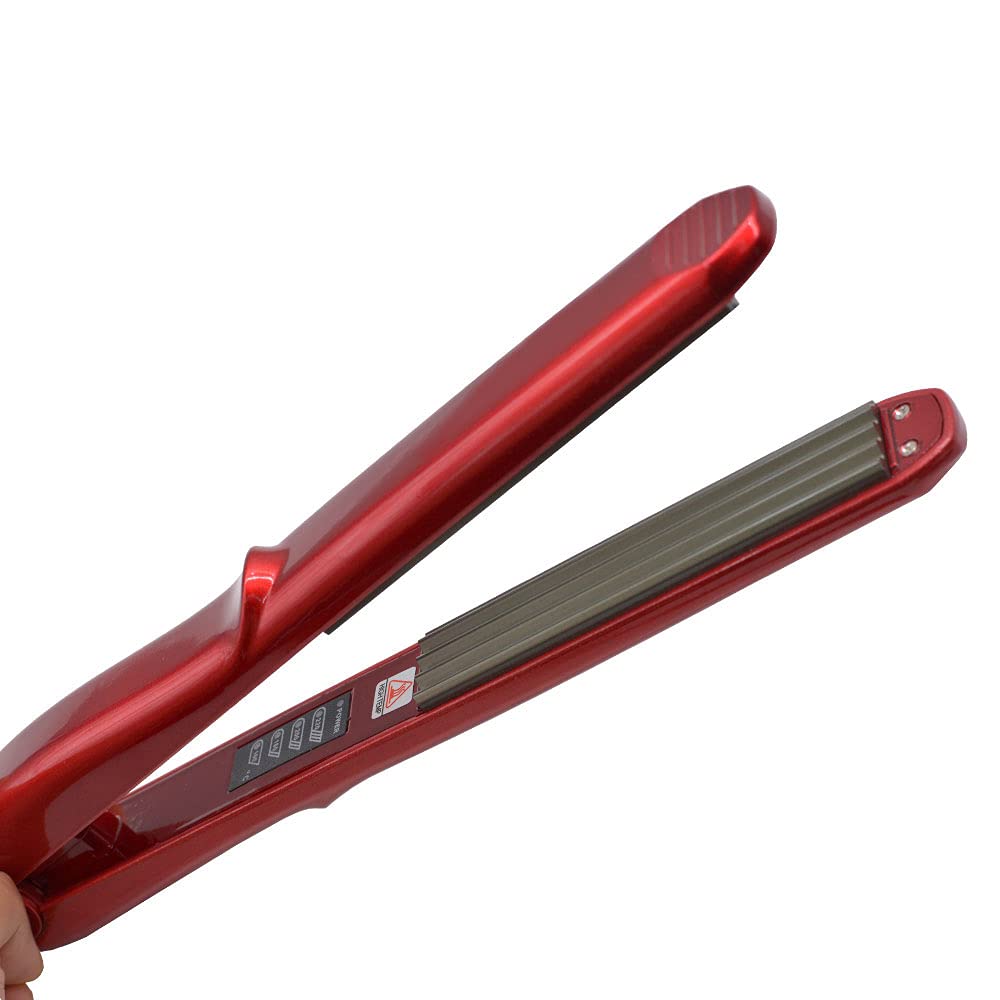Wangmeili red mini hair crimper close up view of the textured waving plate surface for adding hair volume.