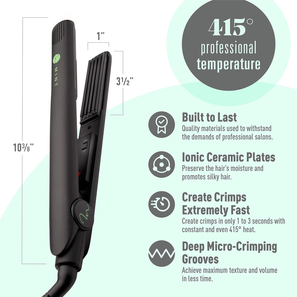 MINT dual voltage travel ready hair crimper packaging and included styling accessories