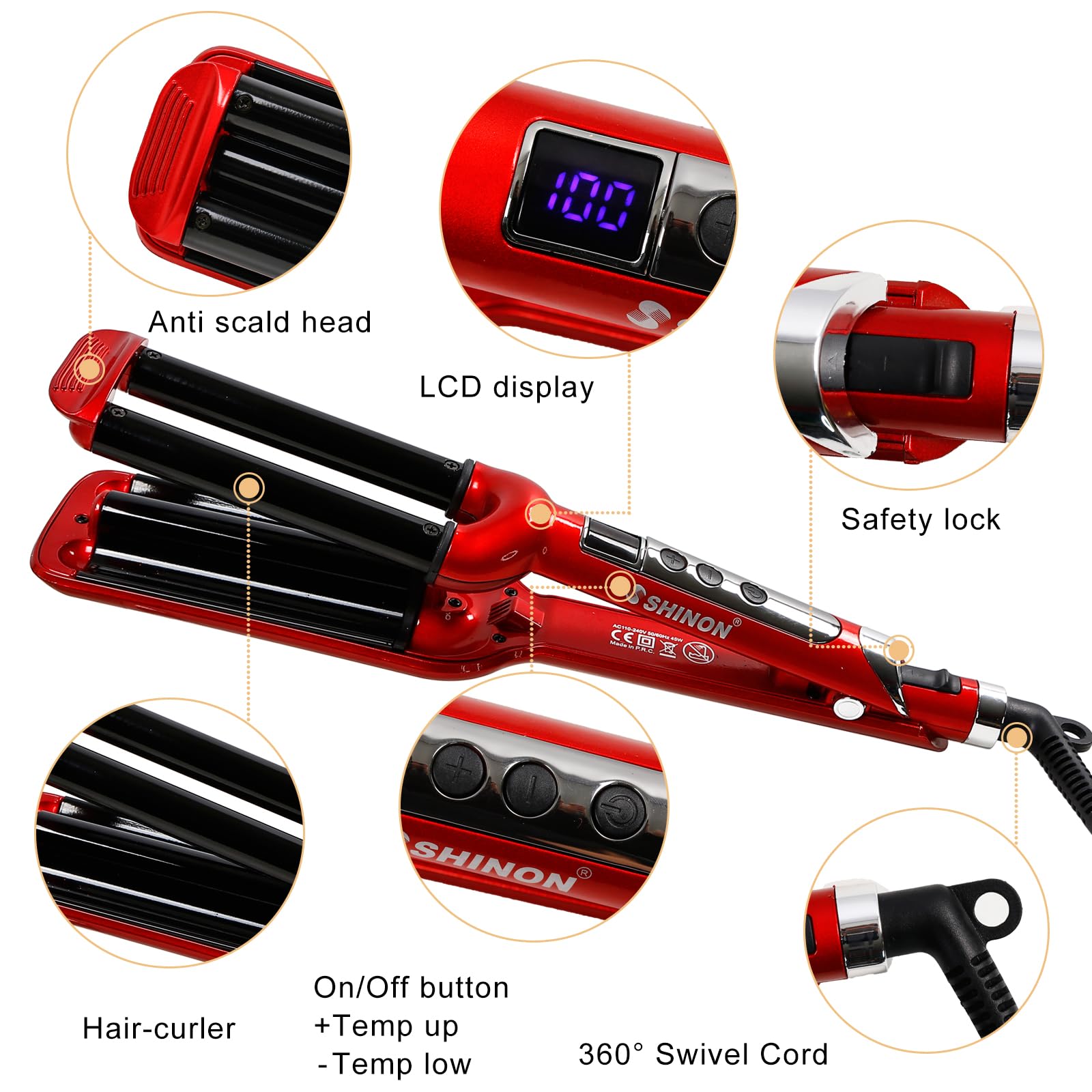 Close up of the LCD temperature display and adjustment buttons on the professional hair crimping iron.