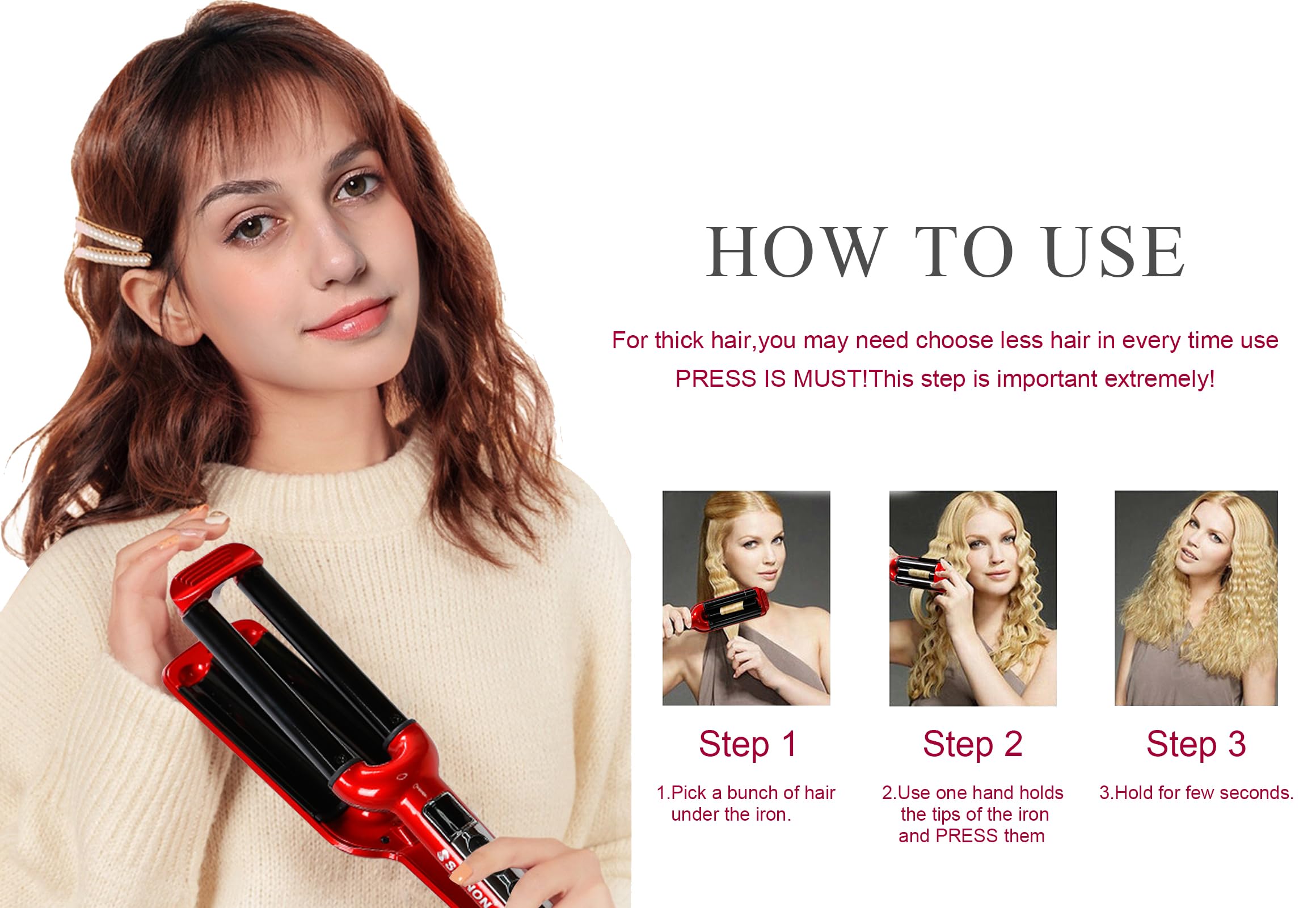 Mannice triple barrel hair waver showing the secure lock switch and rubberized grip.