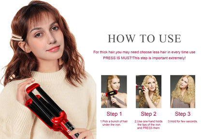 Mannice triple barrel hair waver showing the secure lock switch and rubberized grip.