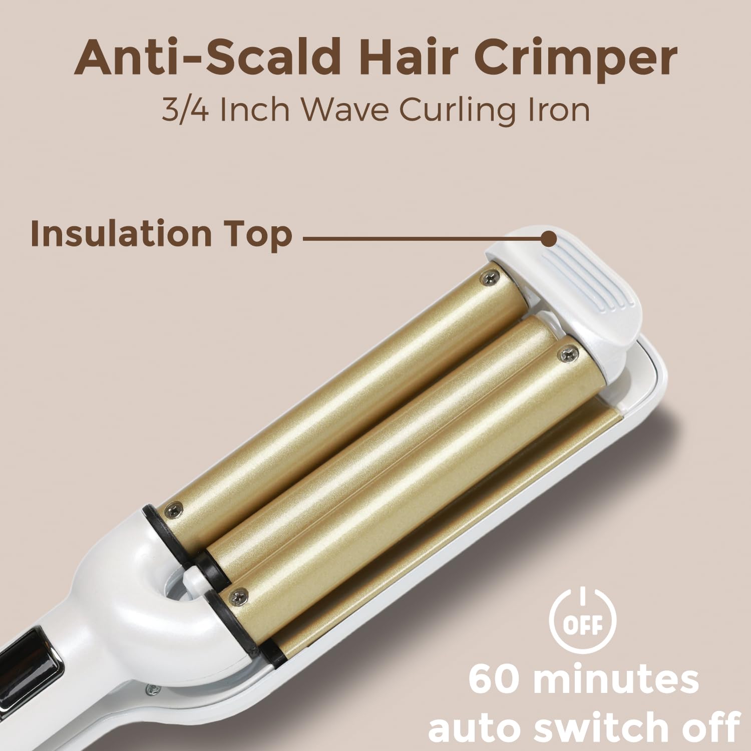 Top anti-scald design and safety lock mechanism on the lightweight Lam(MS)pen hair curler.