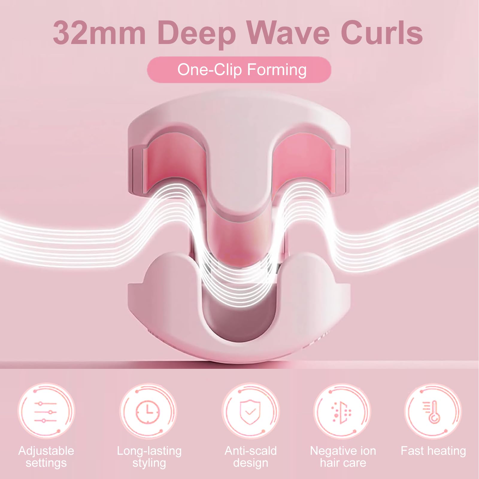Close up view of the triple barrels and anti scald silicone tips of the pink deep wave hair curler