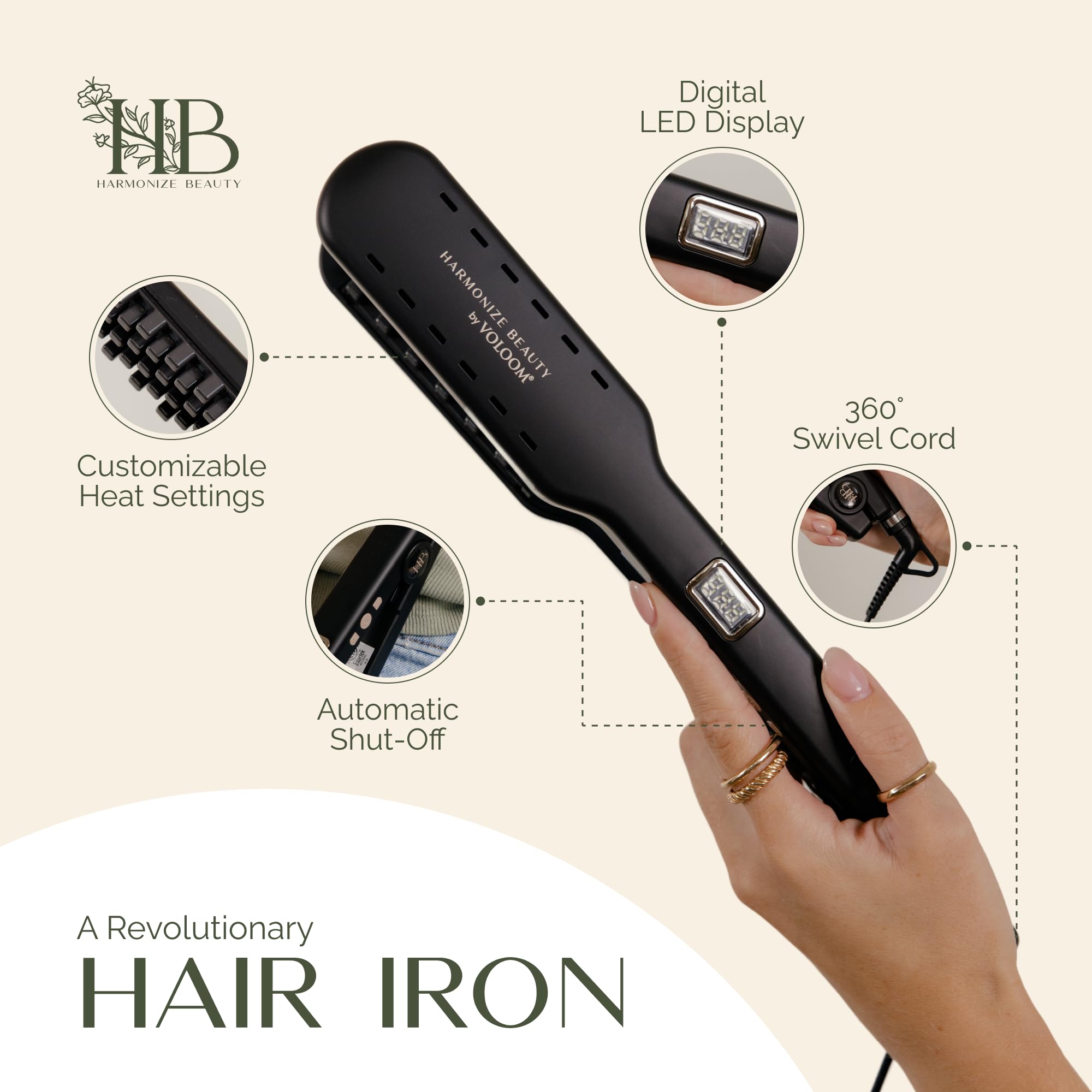 Harmonize Beauty volumizing iron for long thick hair displaying open ceramic checkerboard plates