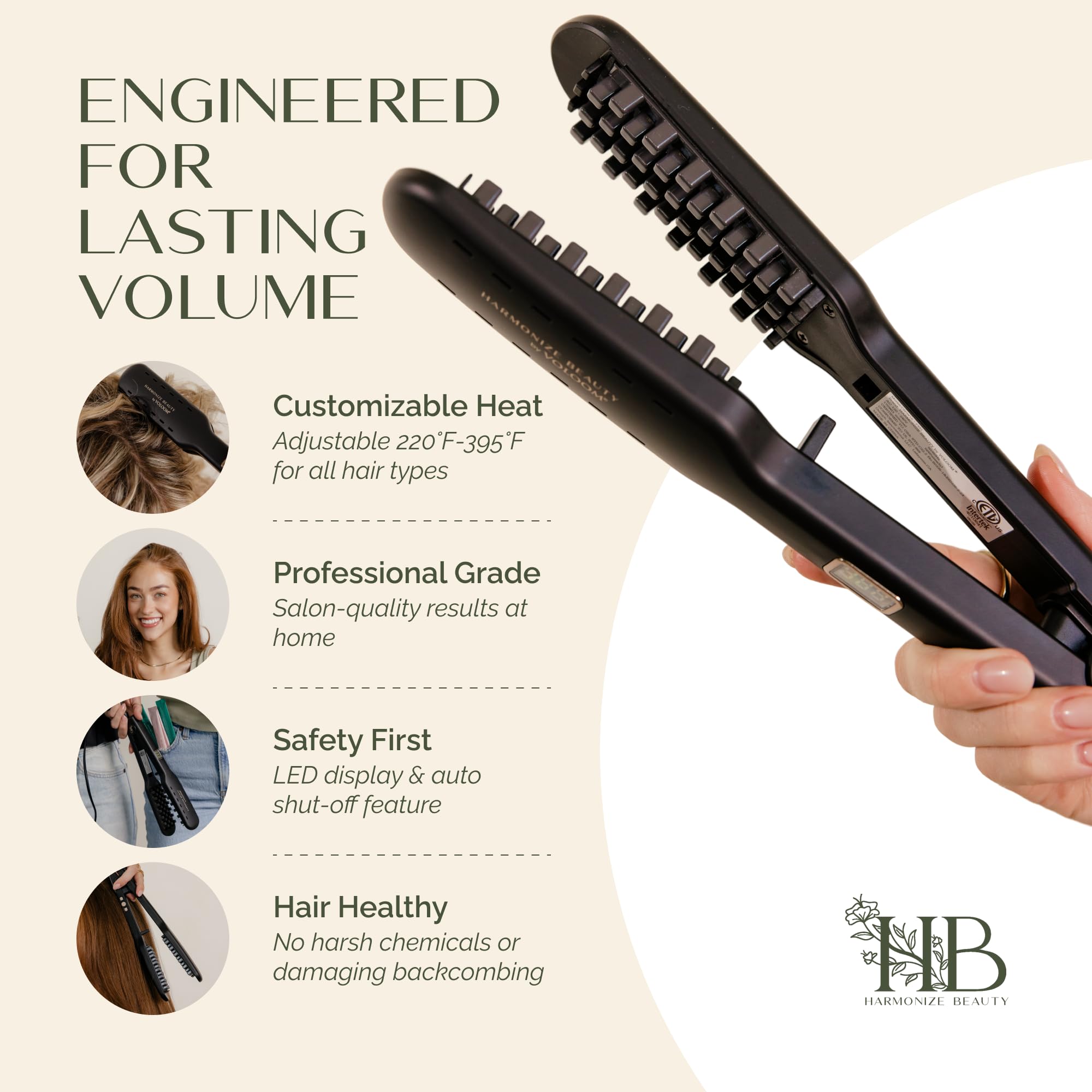 Harmonize Beauty hair tool showcasing the premium ceramic heating elements and power controls