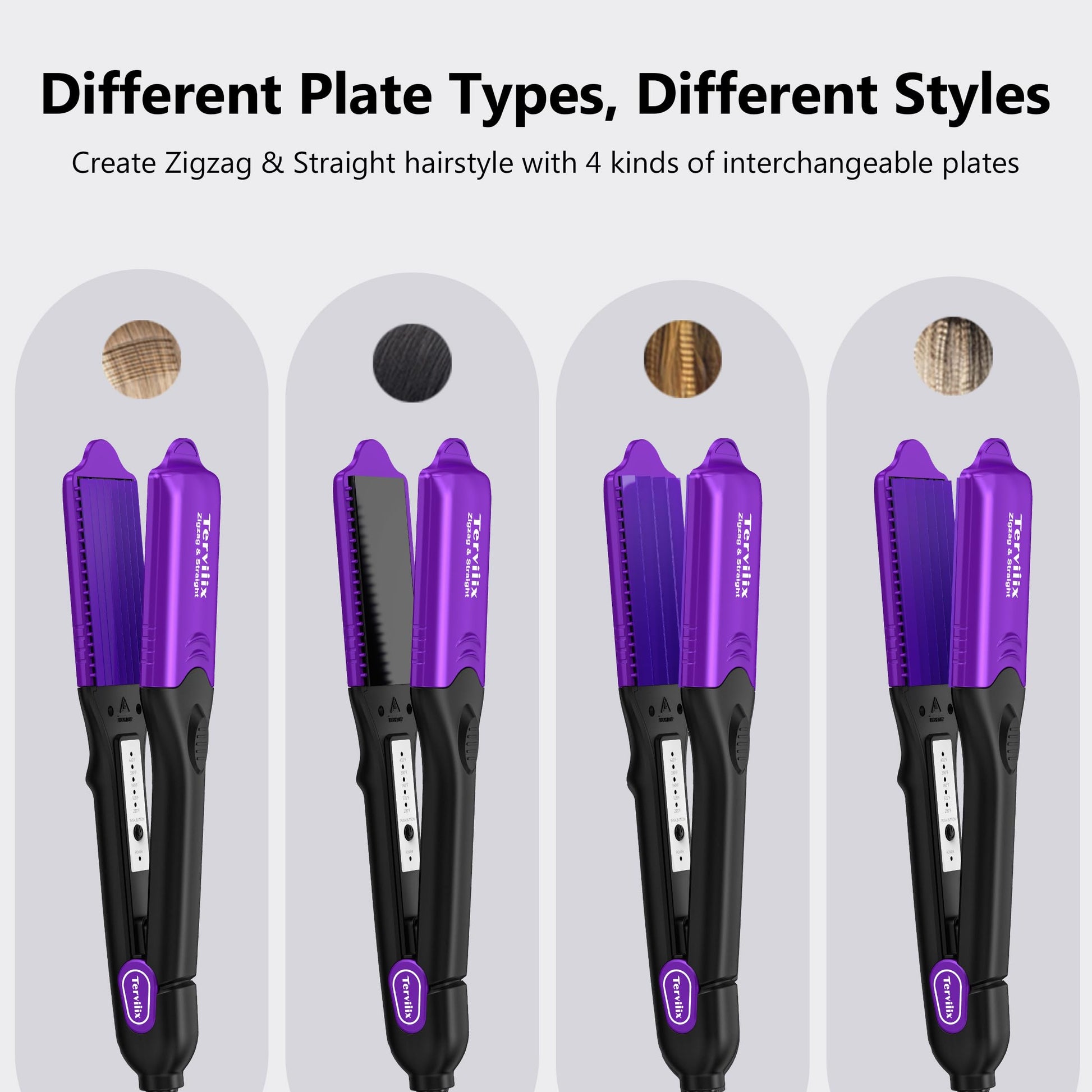 Purple Terviiix interchangeable plate hair styler showcasing the keratin and argan oil logo