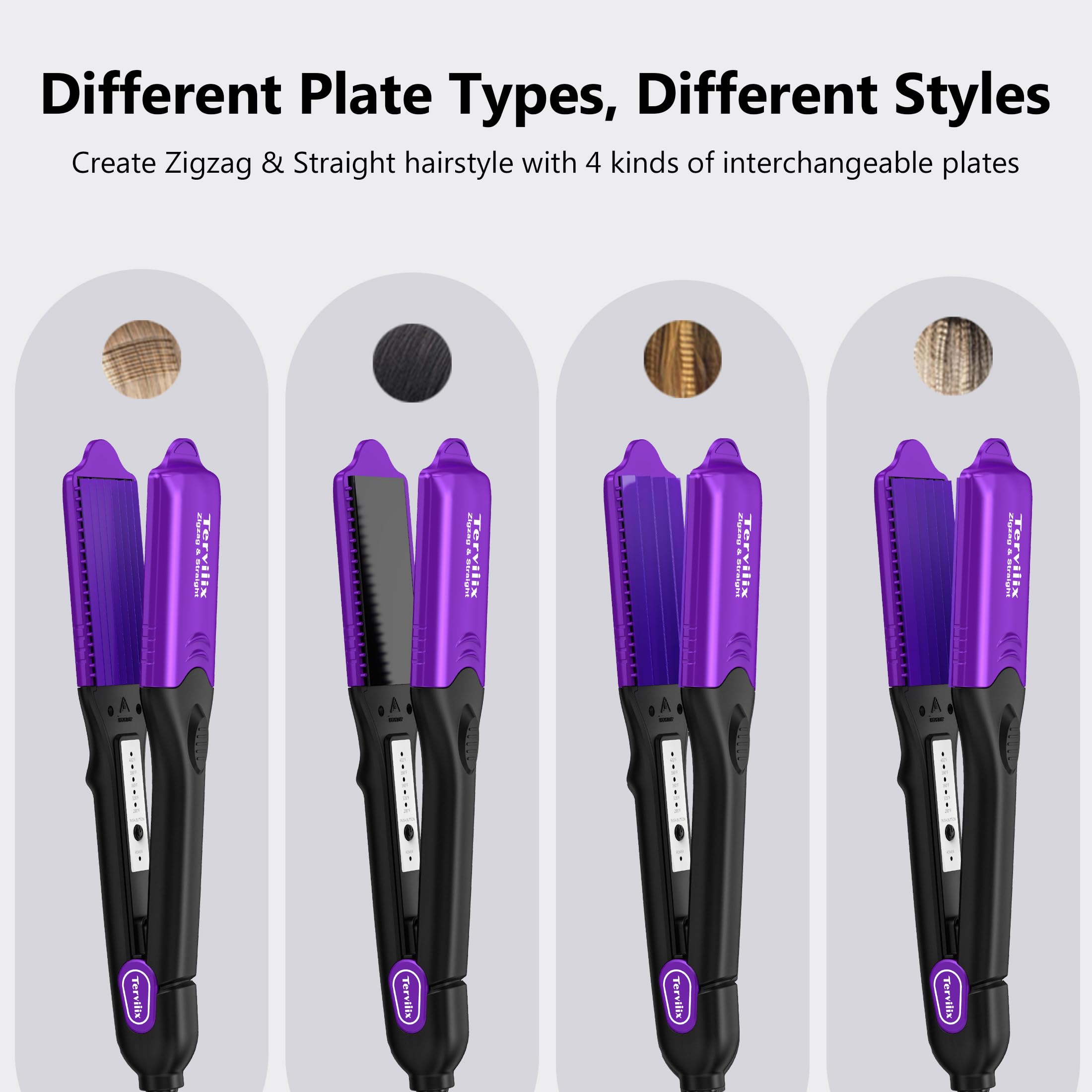 Purple Terviiix interchangeable plate hair styler showcasing the keratin and argan oil logo