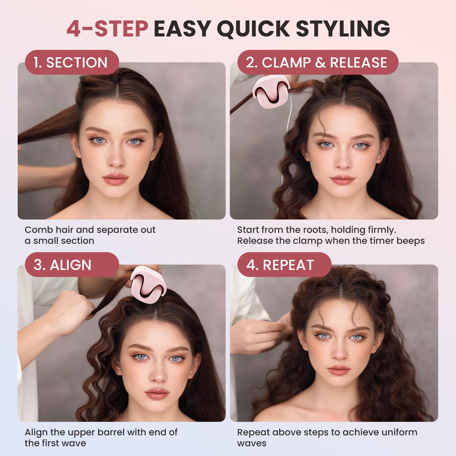 Side angle of the 32mm Rovy Wave curling iron showcasing the clamp mechanism and cool tip design.