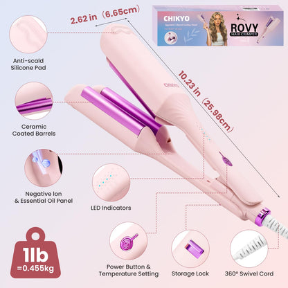Ergonomic view of the pink hair crimper being held to demonstrate the anti-scald safety features.