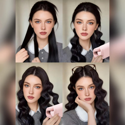 Complete product kit of the TYMO deep wave curling wand showing the power cord and protective styling layout.