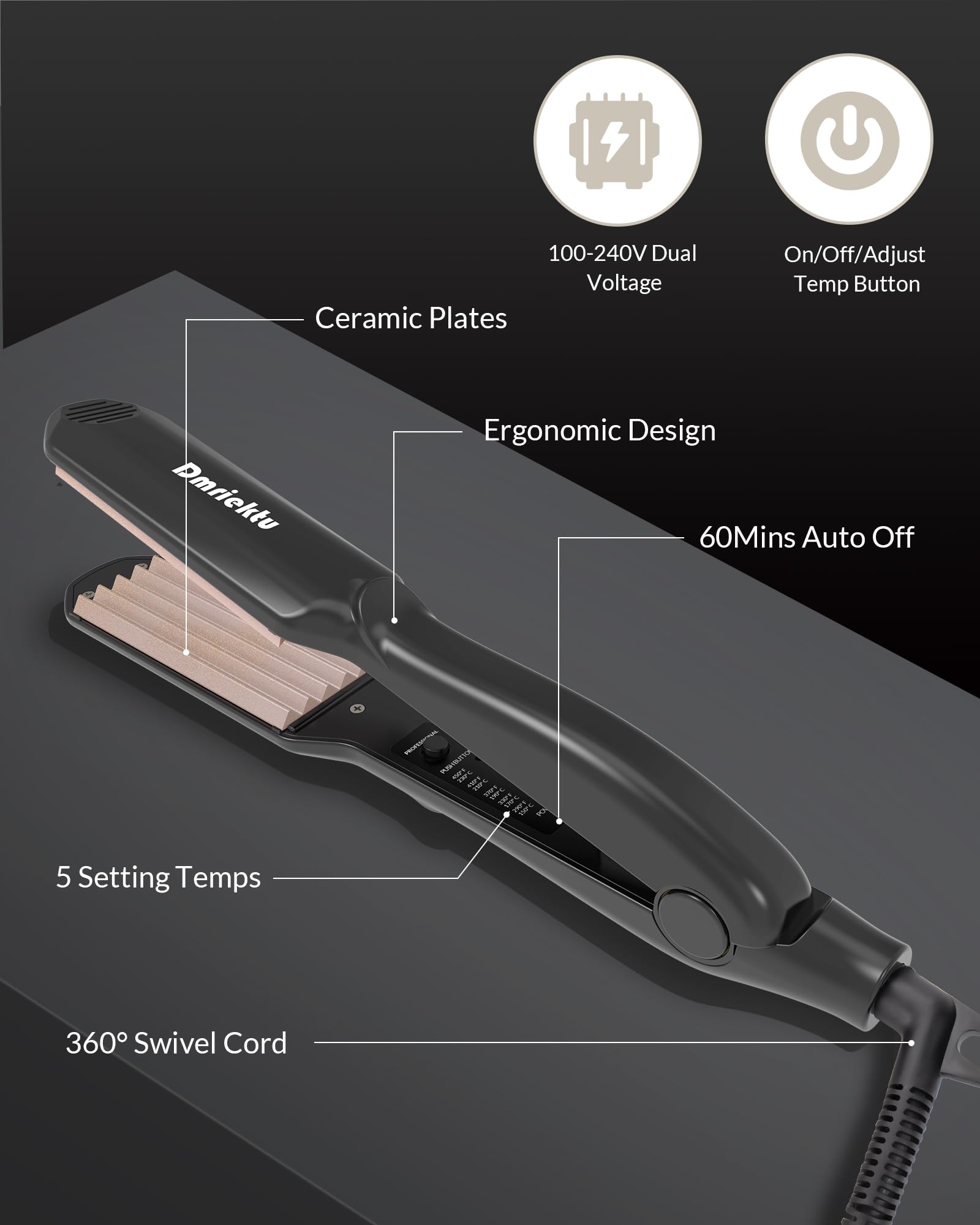 Dmriektu ceramic crimping iron highlighting the long swivel cord connector