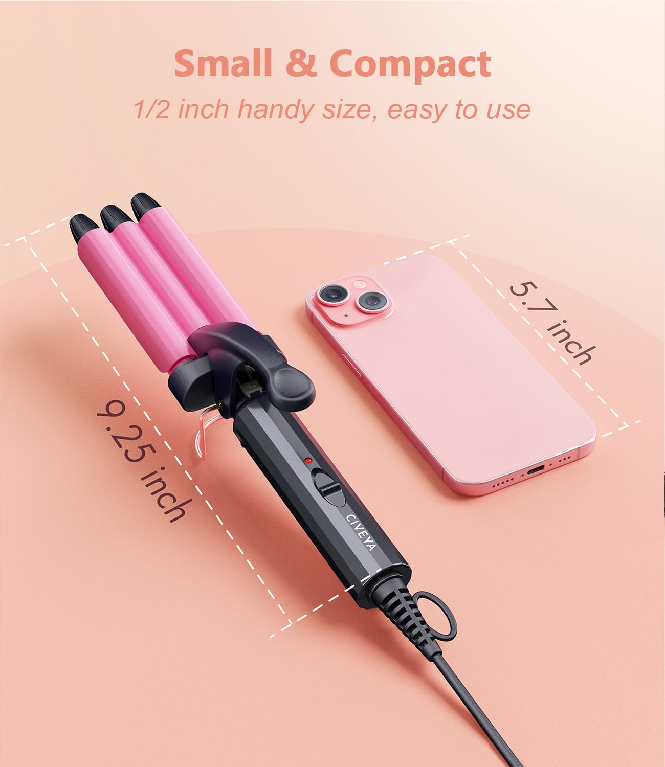 CIVEYA pink mini wave styler displaying the heat resistant cool tips at the top