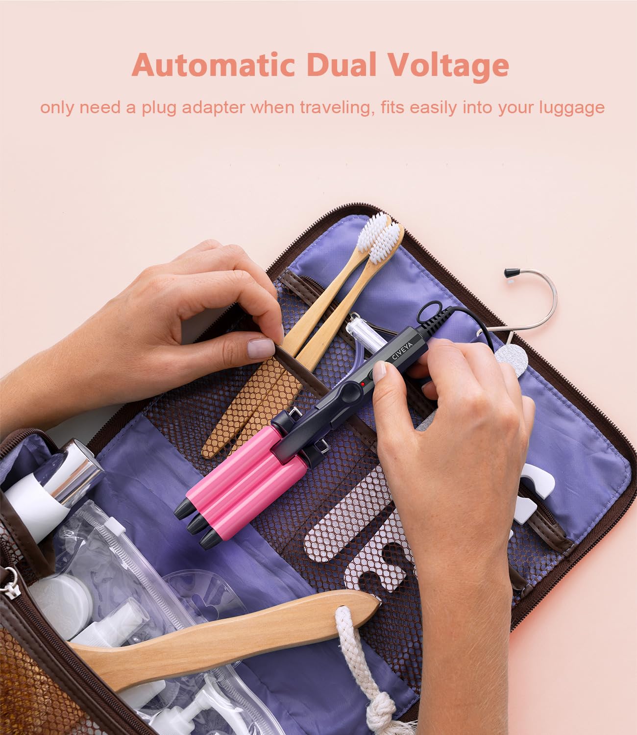 CIVEYA portable travel hair waver showing the dual voltage plug and compact design