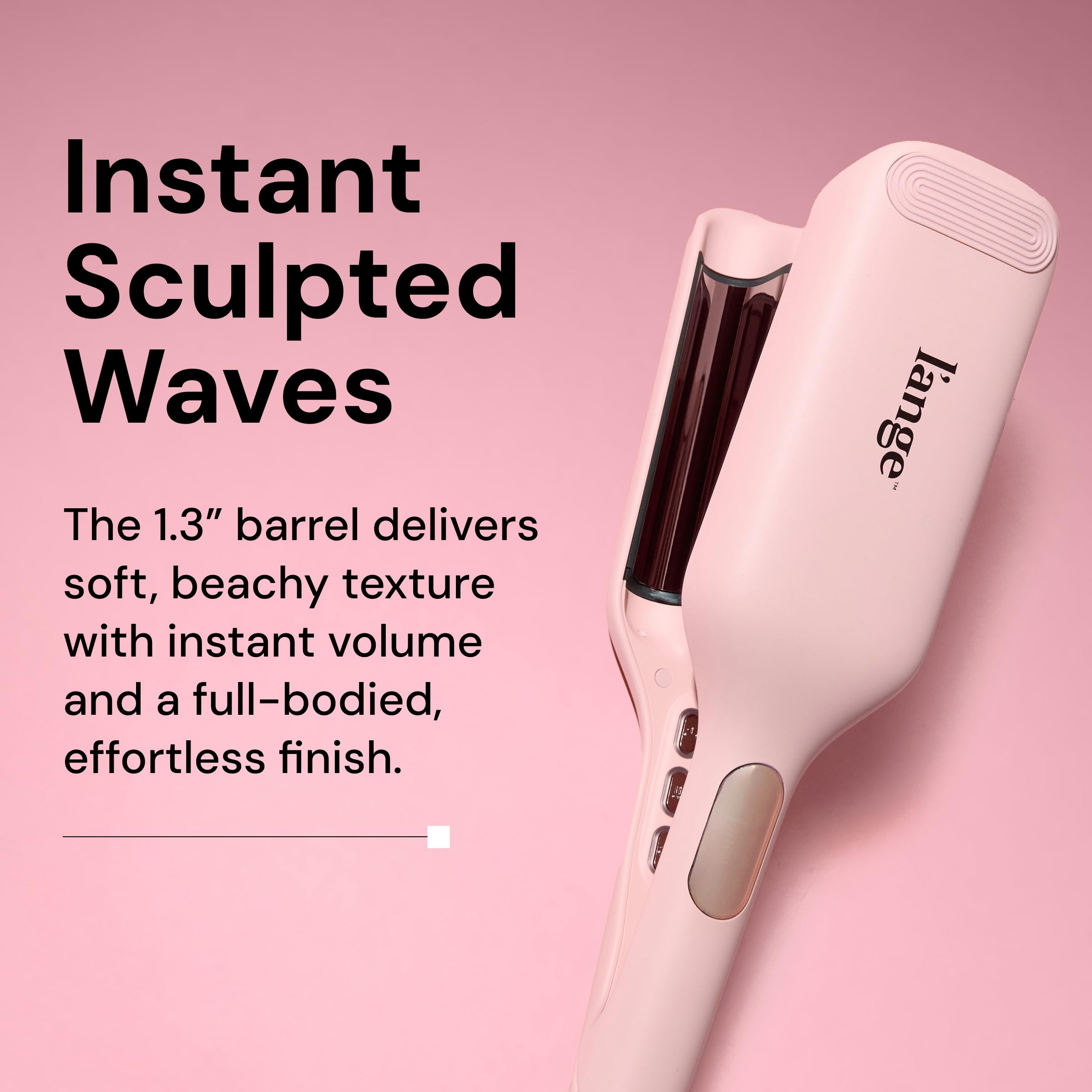 Side view of the blush pink L'ange three barrel wave styling iron tool.