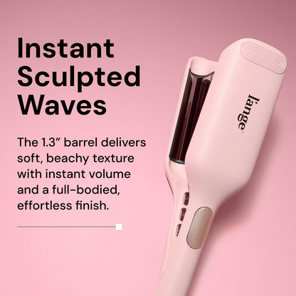 Side view of the blush pink L'ange three barrel wave styling iron tool.