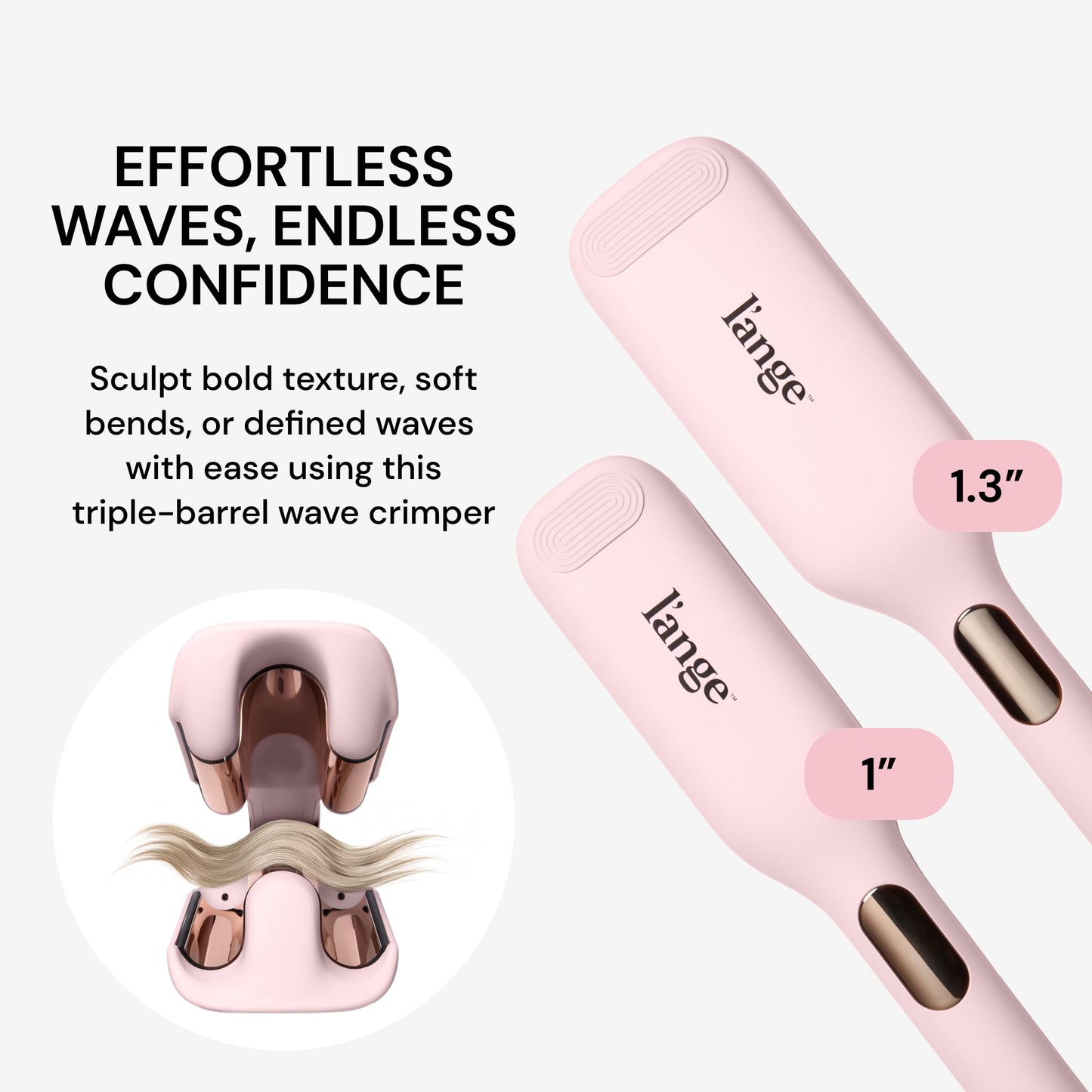 L'ange titanium deep wave crimper open clamp view displaying the W shaped styling barrels.