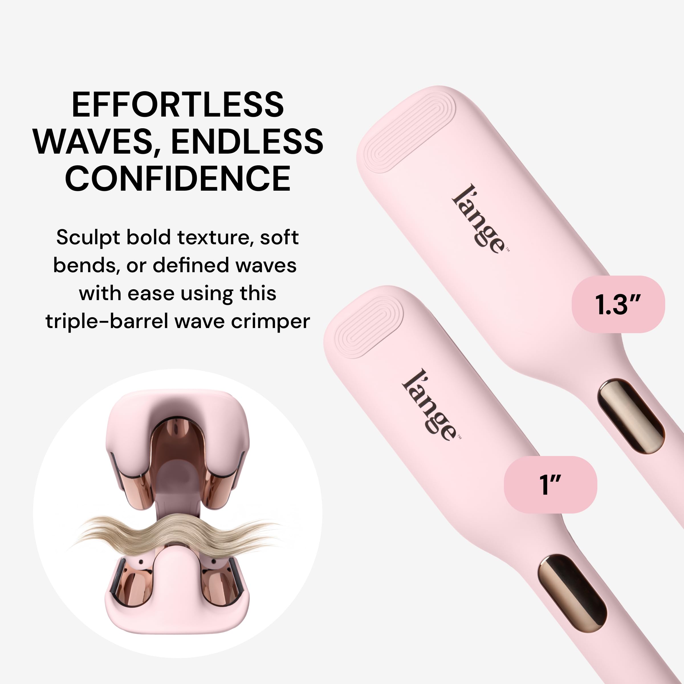 L'ange titanium deep wave crimper open clamp view displaying the W shaped styling barrels.