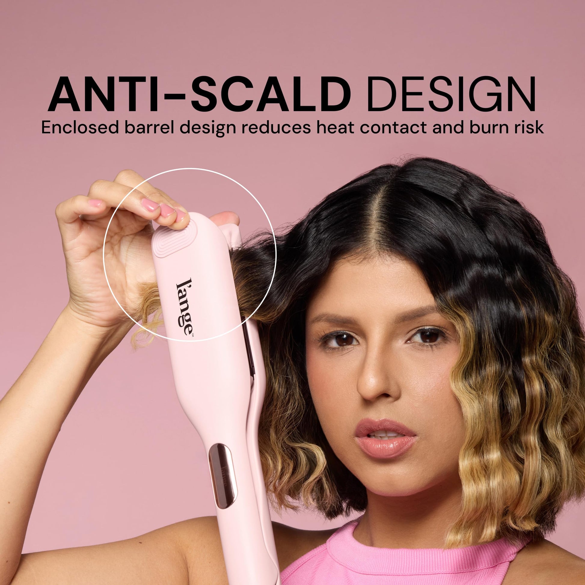 Ergonomic handle design and cord swivel details of the L'ange triple barrel waver.