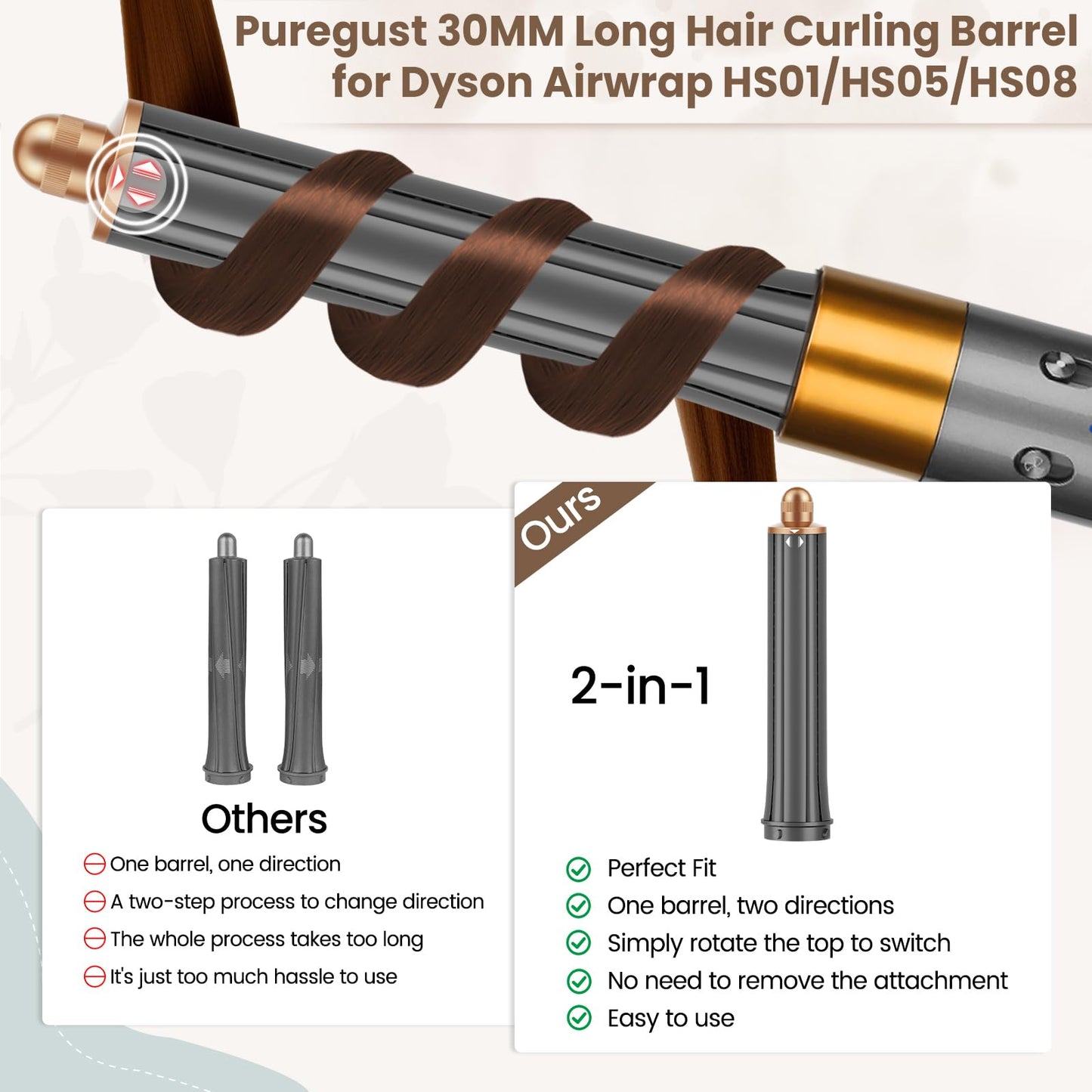 Puregust dual direction automatic curling iron attachment demonstrating the adjustable top knob mechanism.