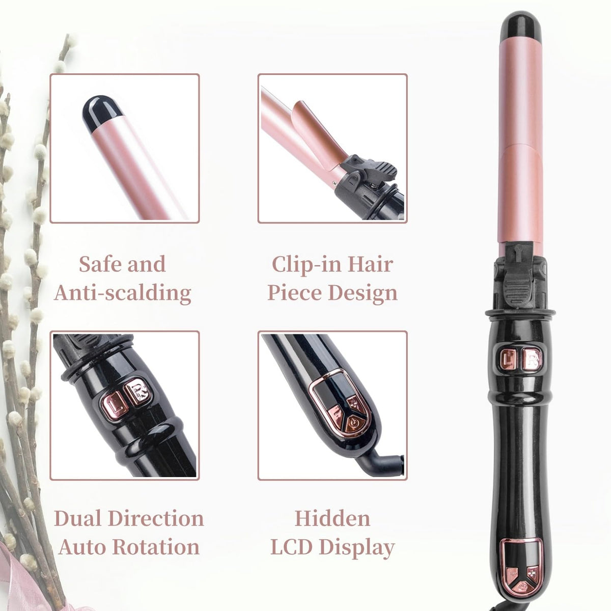 UOTJCNR automatic hair curler close up of nano titanium barrel