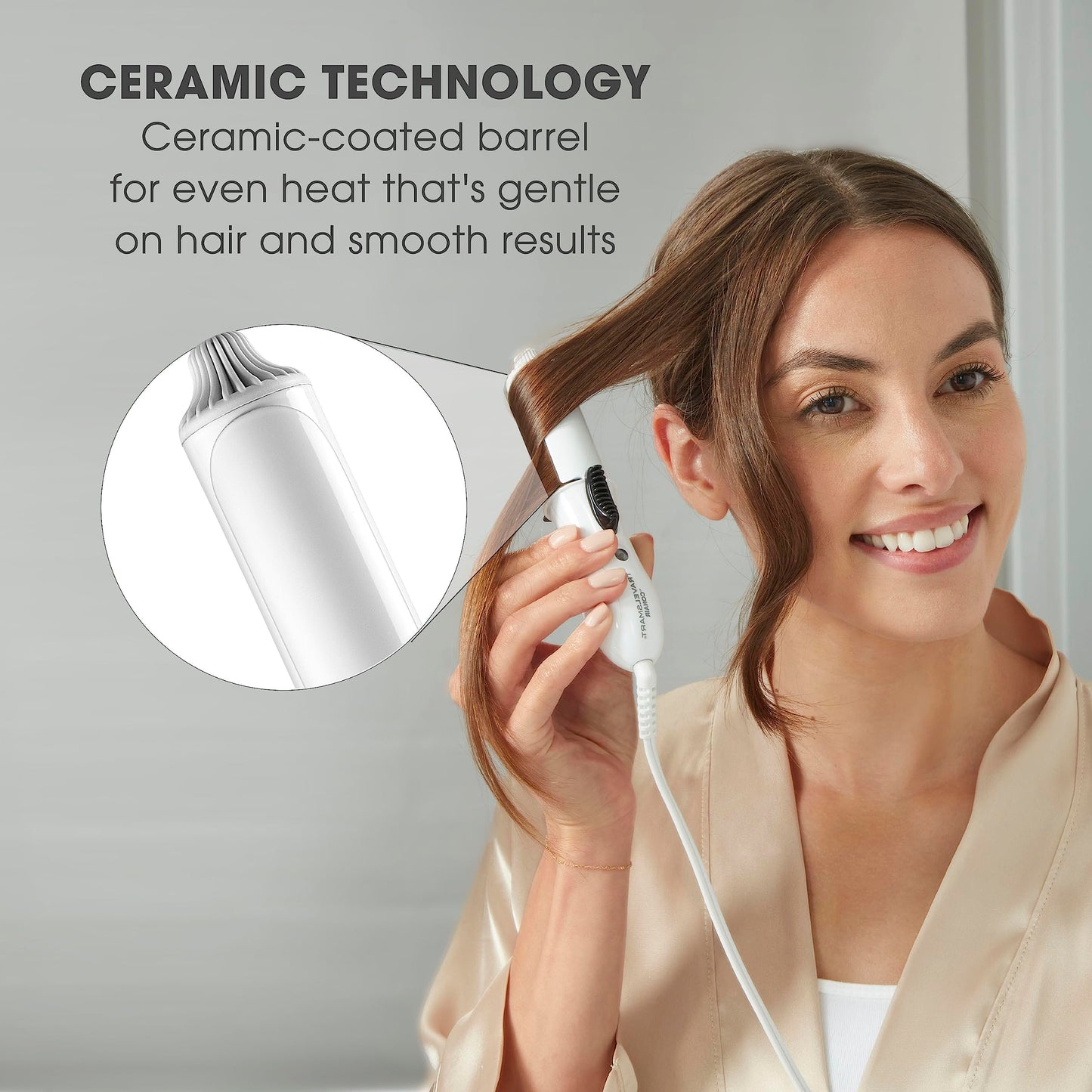 White Travel Smart by Conair mini hair curler displayed with compact travel pouch