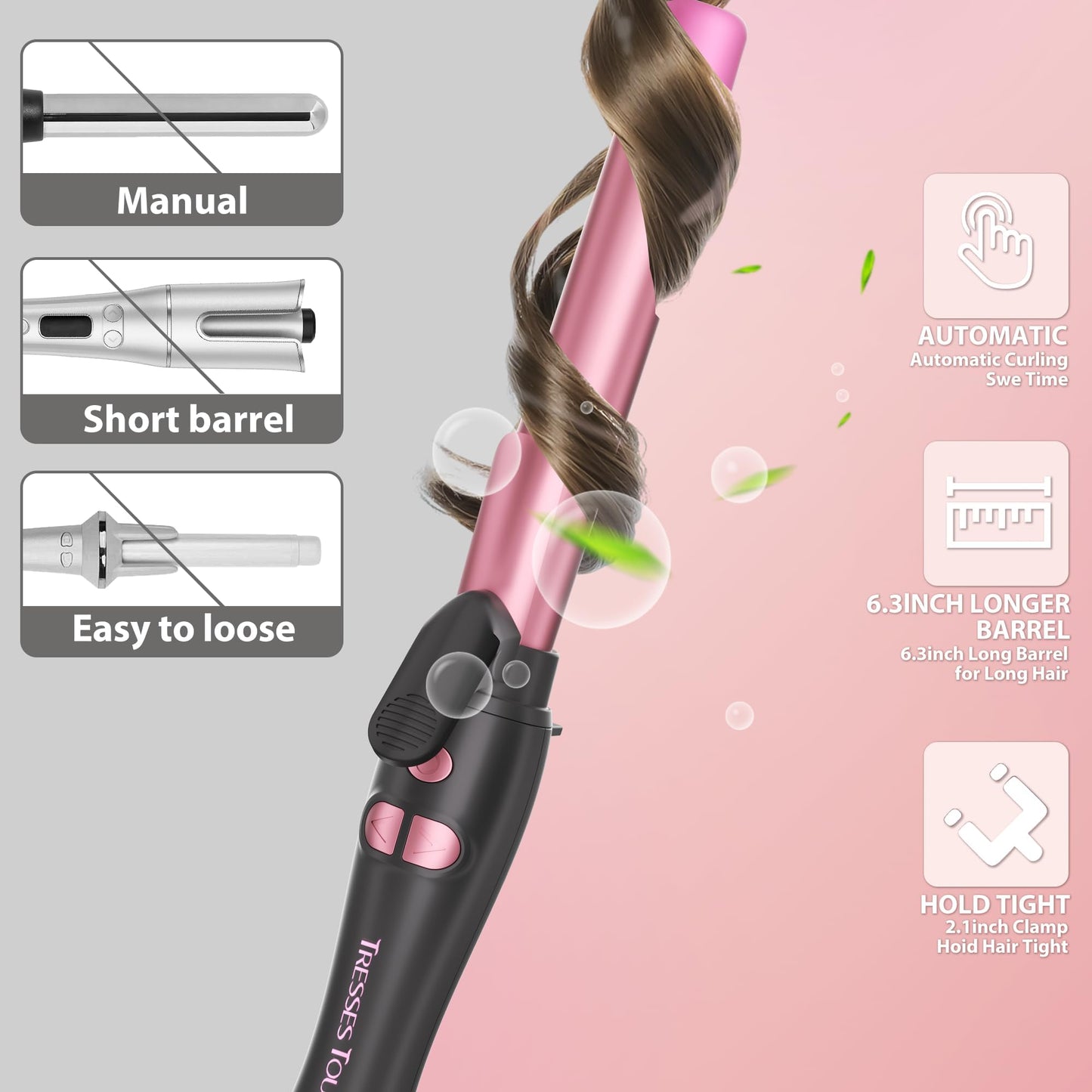 Extra long barrel curling wand placed on a sleek vanity countertop setting